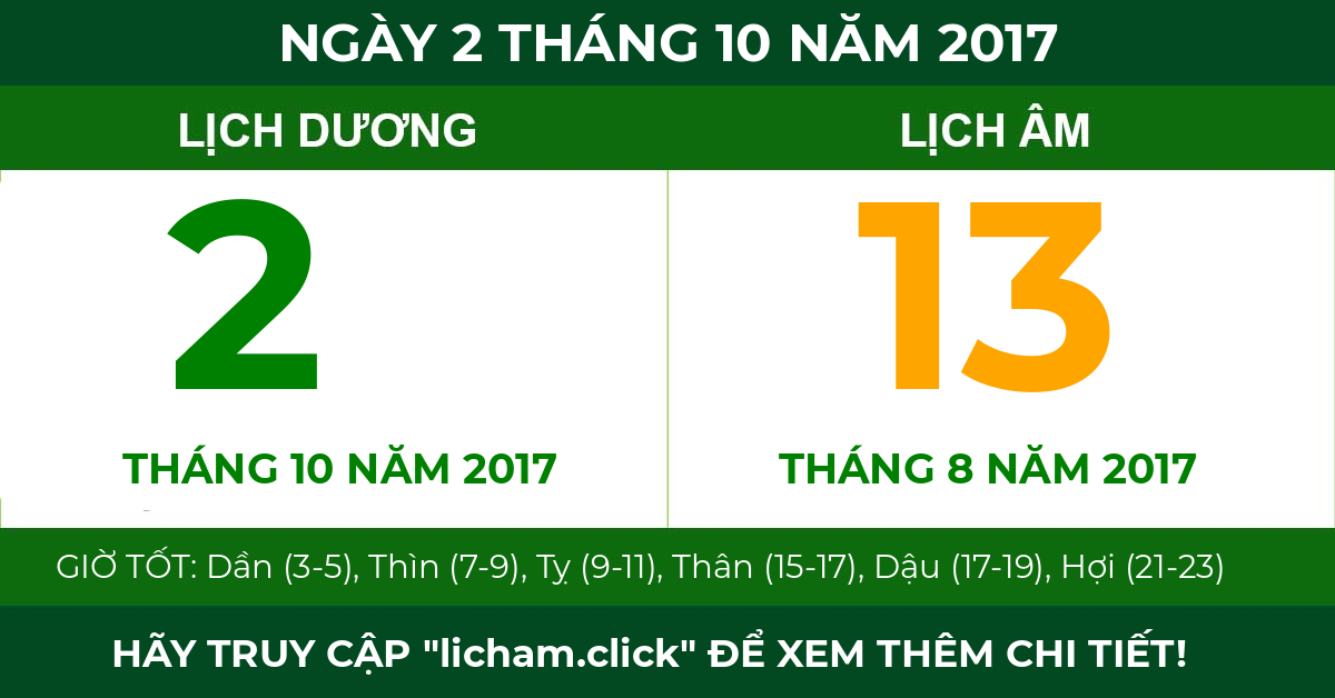 lịch âm ngày 2 tháng 10 năm 2017
