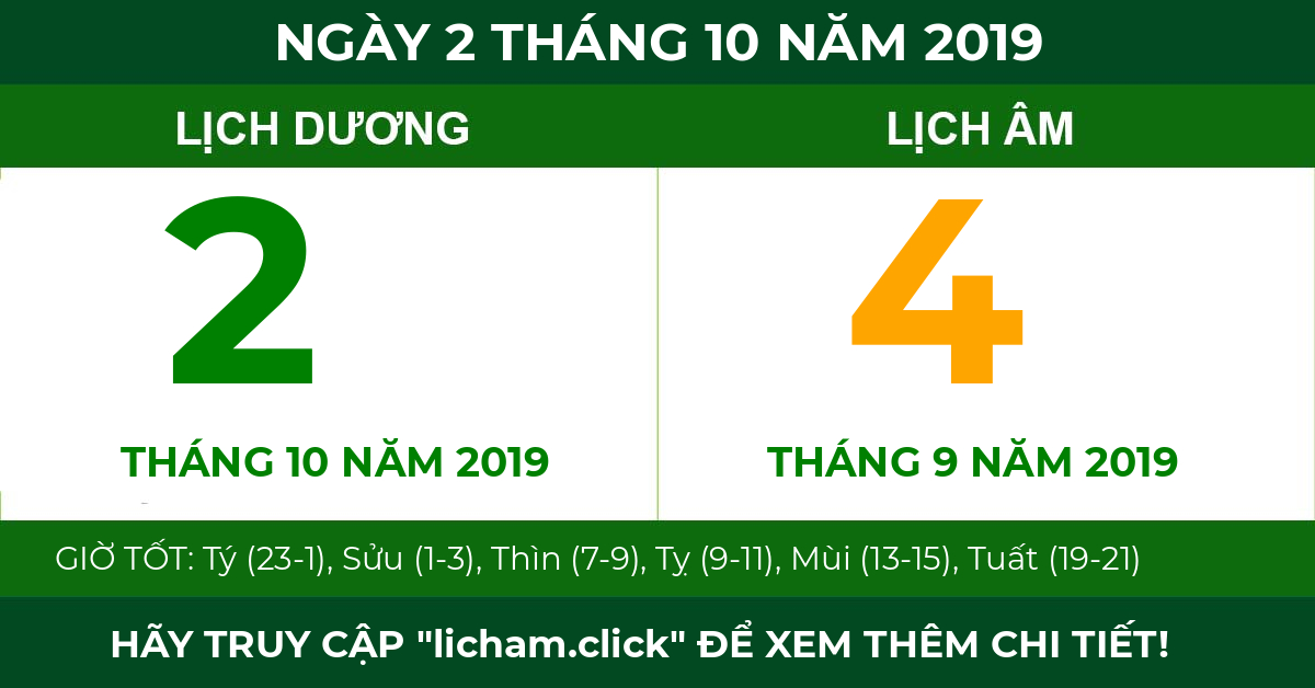 lịch âm ngày 2 tháng 10 năm 2019