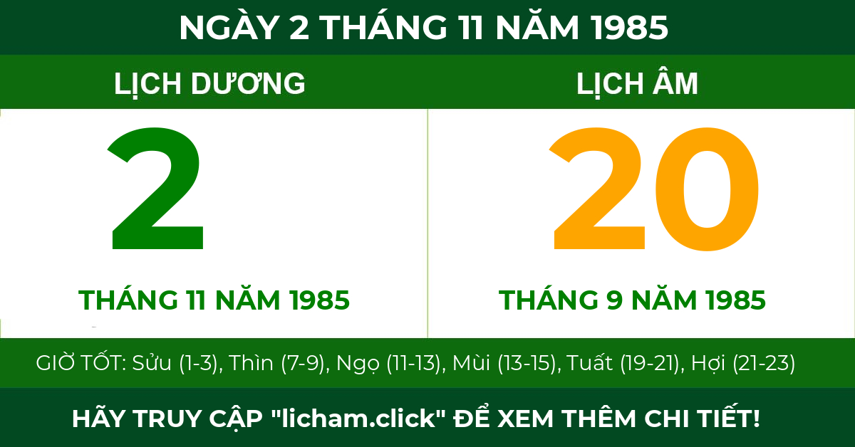 lịch âm ngày 2 tháng 11 năm 1985