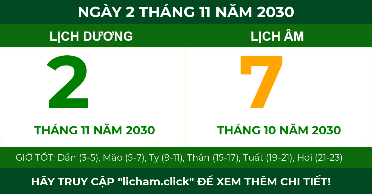 lịch âm ngày 2 tháng 11 năm 2030