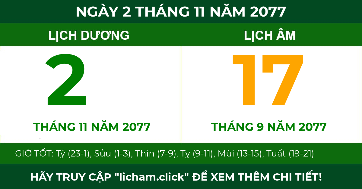 lịch âm ngày 2 tháng 11 năm 2077
