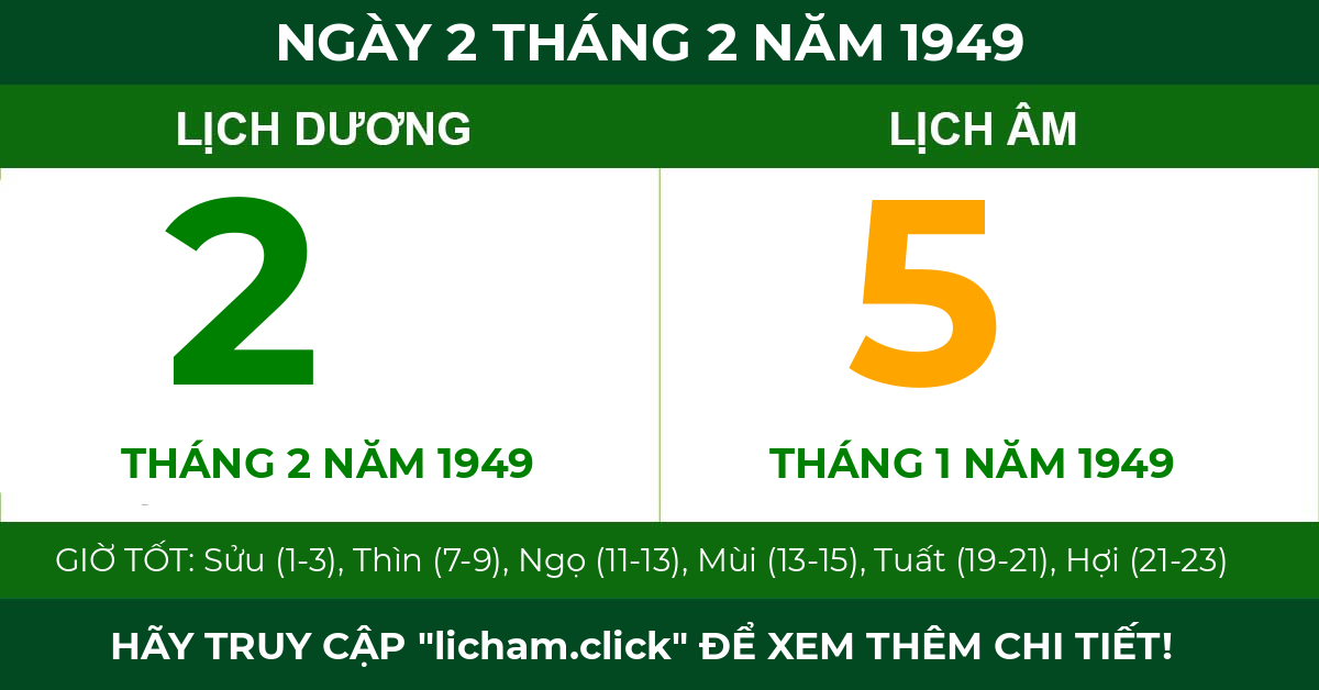 lịch âm ngày 2 tháng 2 năm 1949