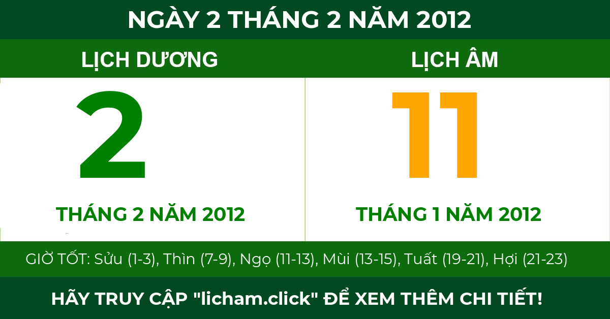 lịch âm ngày 2 tháng 2 năm 2012