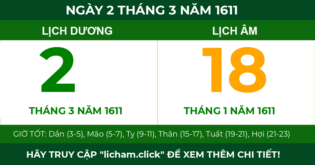 lịch âm ngày 2 tháng 3 năm 1611