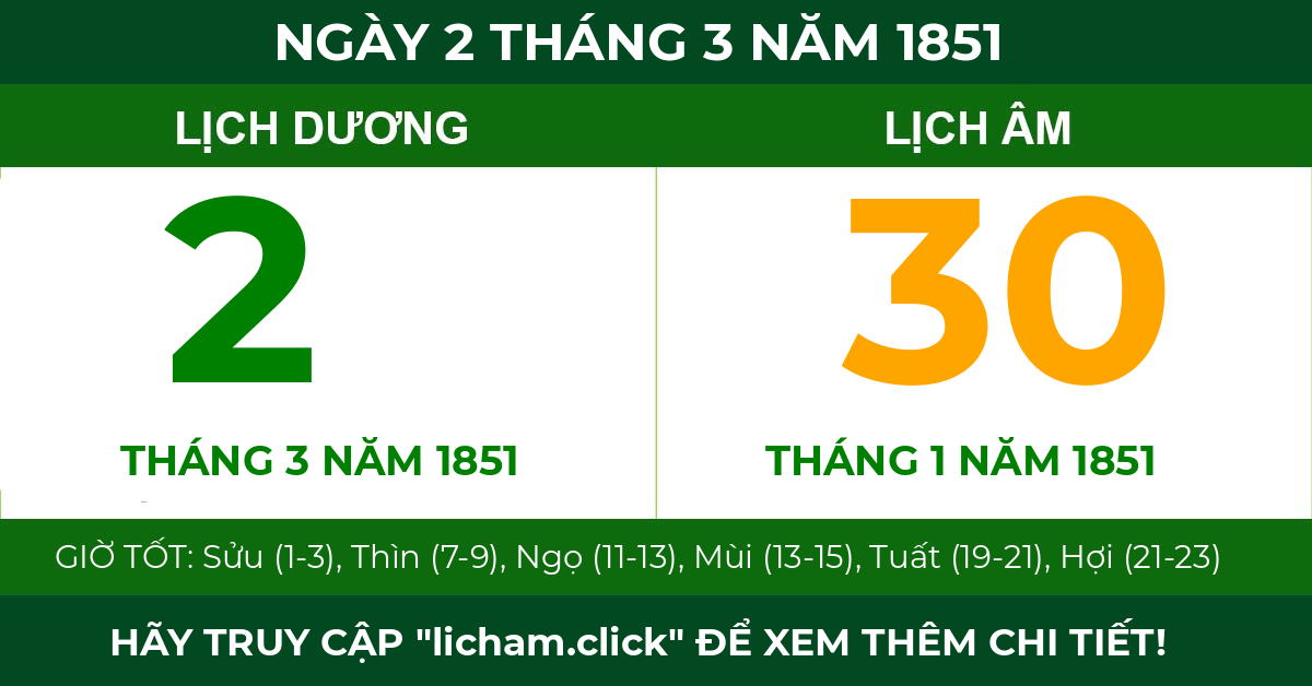 lịch âm ngày 2 tháng 3 năm 1851