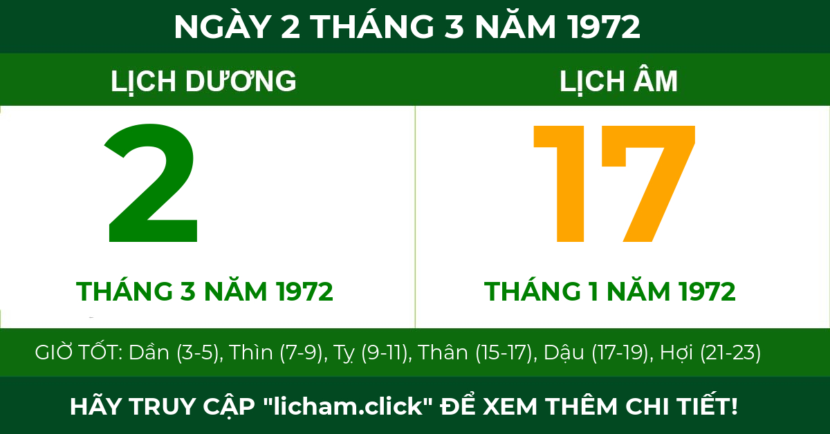lịch âm ngày 2 tháng 3 năm 1972