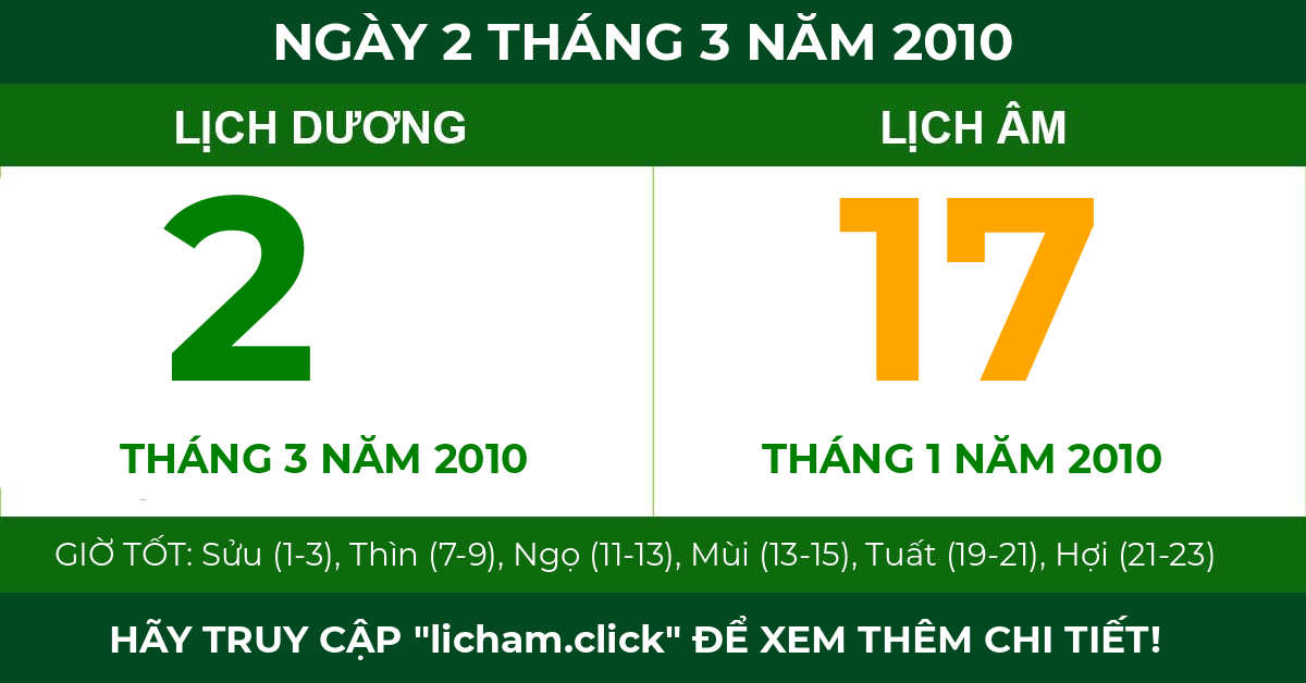 lịch âm ngày 2 tháng 3 năm 2010