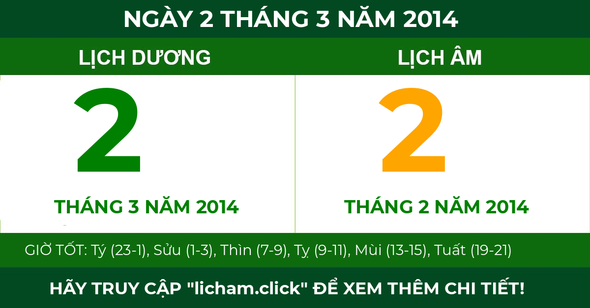 lịch âm ngày 2 tháng 3 năm 2014