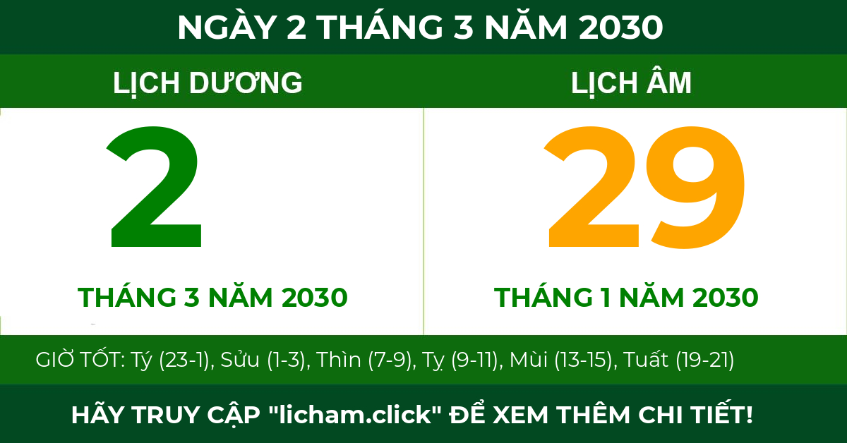 lịch âm ngày 2 tháng 3 năm 2030