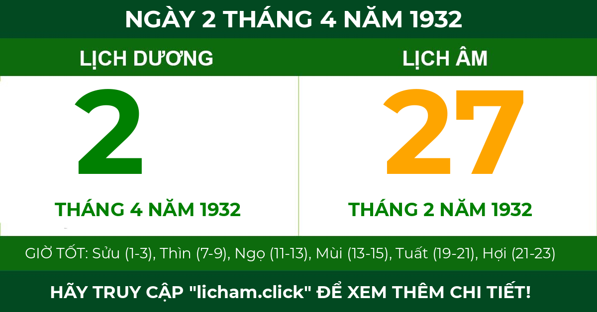 lịch âm ngày 2 tháng 4 năm 1932