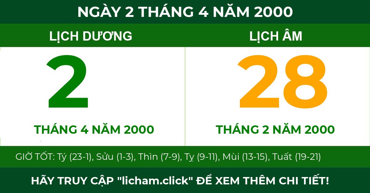 lịch âm ngày 2 tháng 4 năm 2000