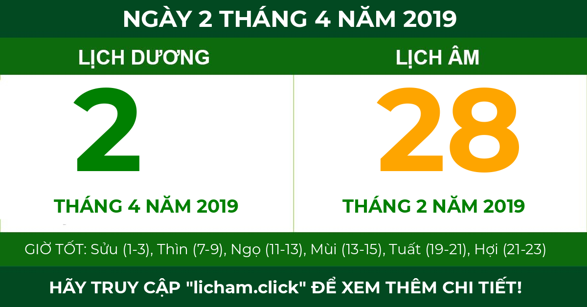 lịch âm ngày 2 tháng 4 năm 2019