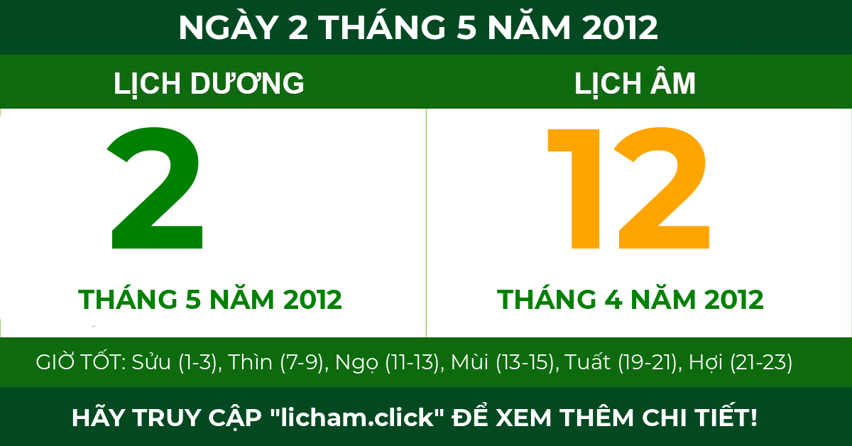 lịch âm ngày 2 tháng 5 năm 2012