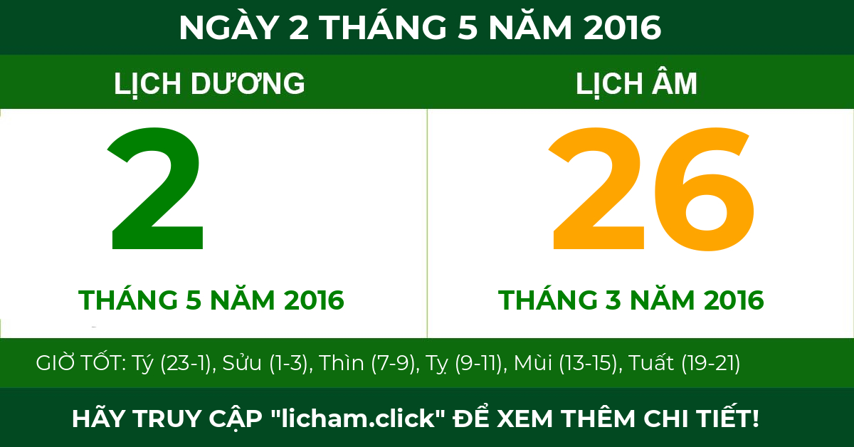 lịch âm ngày 2 tháng 5 năm 2016