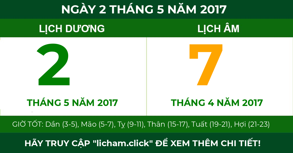 lịch âm ngày 2 tháng 5 năm 2017