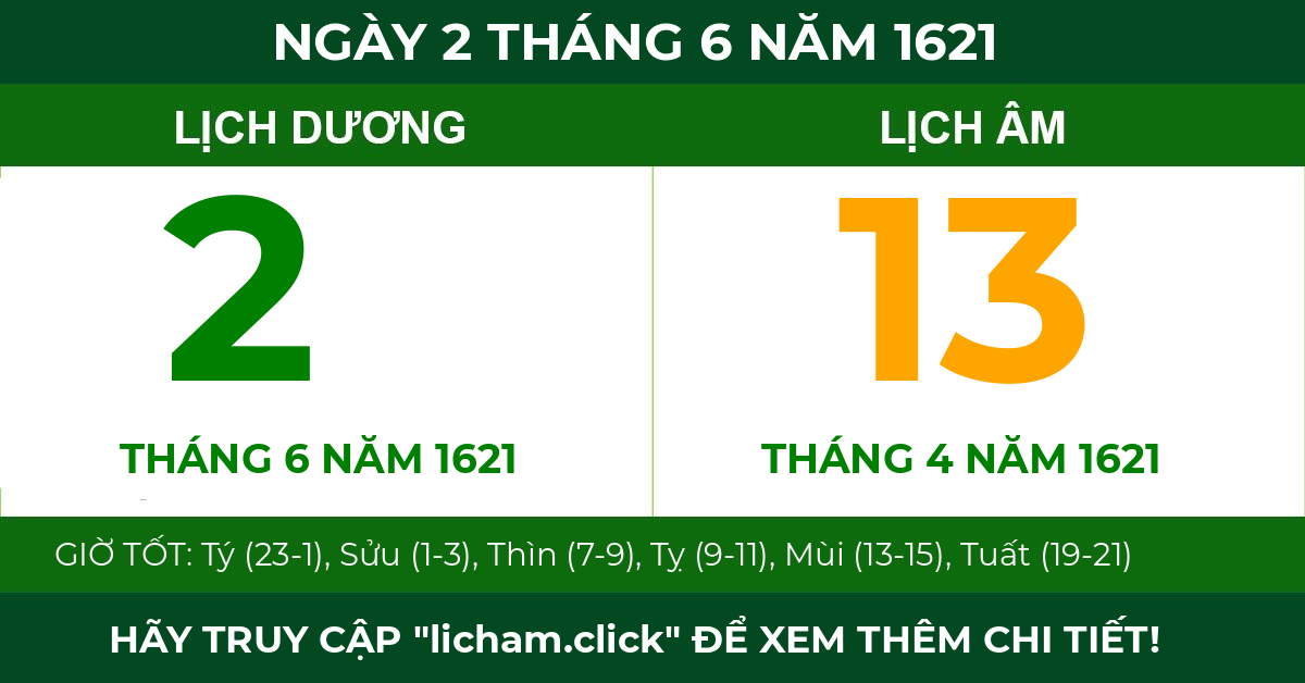 lịch âm ngày 2 tháng 6 năm 1621