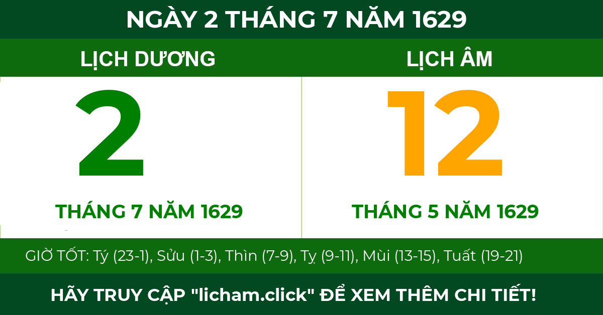 lịch âm ngày 2 tháng 7 năm 1629