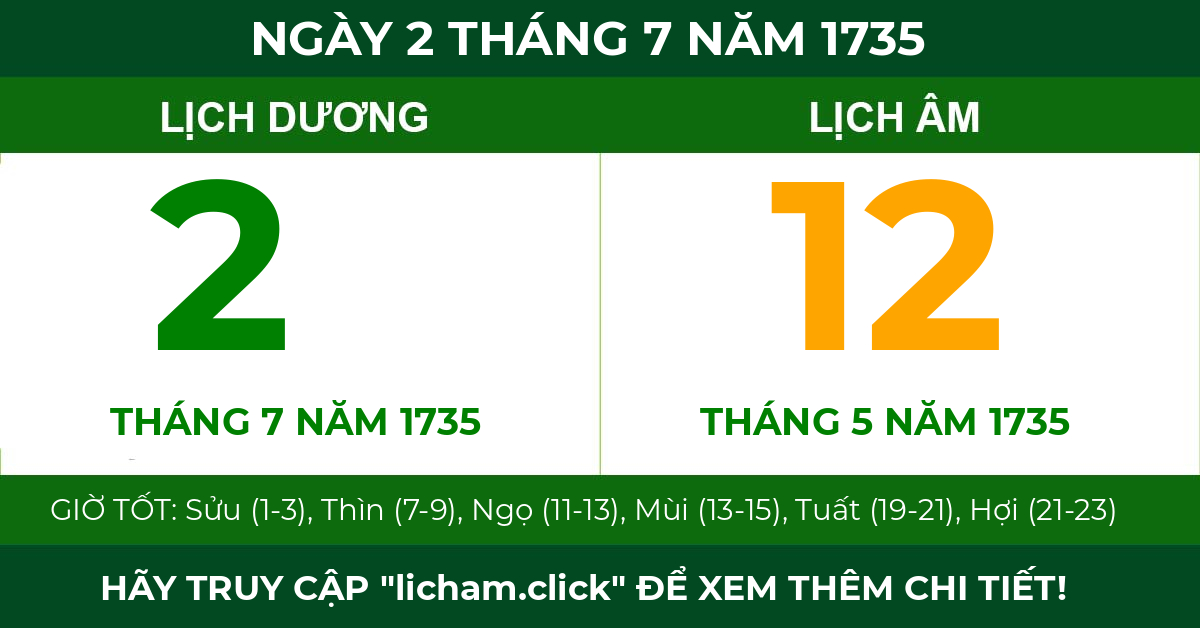 lịch âm ngày 2 tháng 7 năm 1735