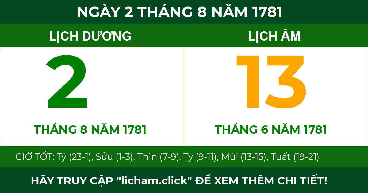 lịch âm ngày 2 tháng 8 năm 1781