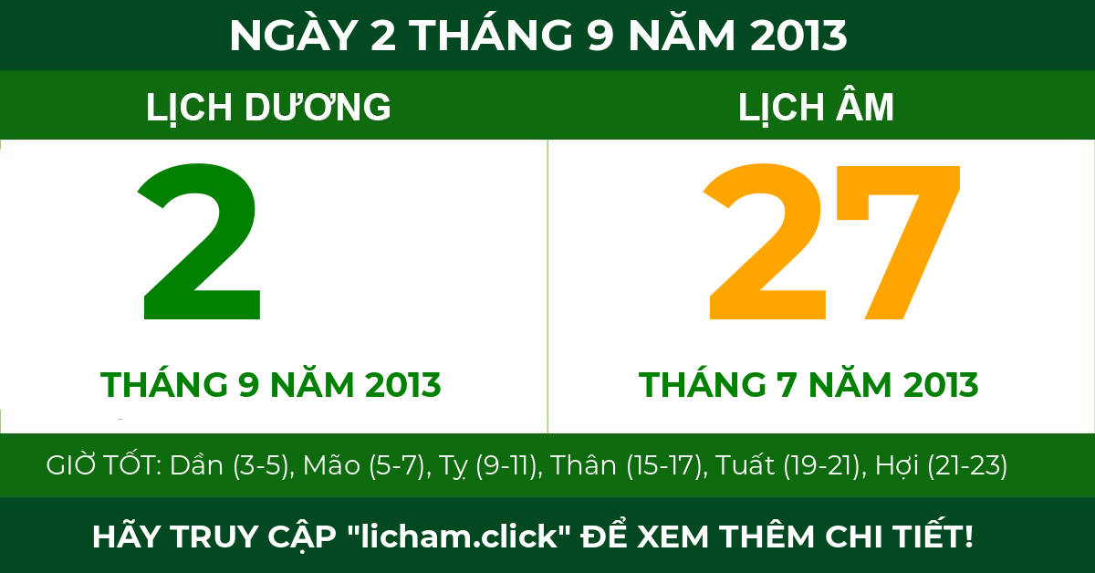 lịch âm ngày 2 tháng 9 năm 2013