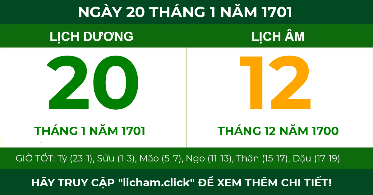 lịch âm ngày 20 tháng 1 năm 1701