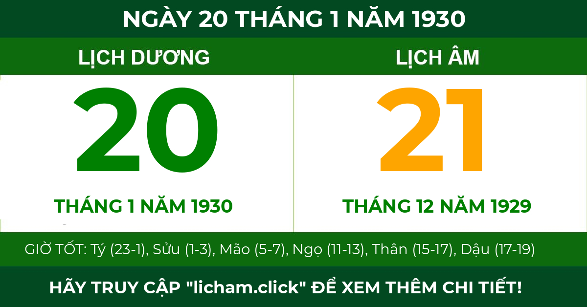 lịch âm ngày 20 tháng 1 năm 1930