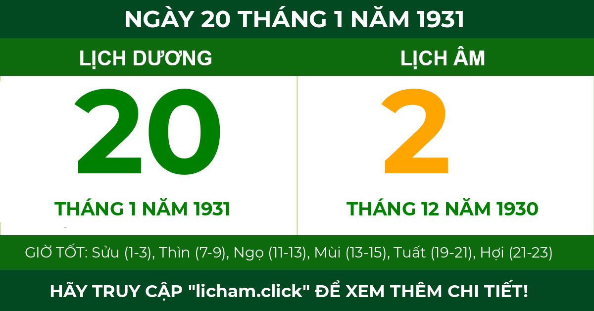 lịch âm ngày 20 tháng 1 năm 1931