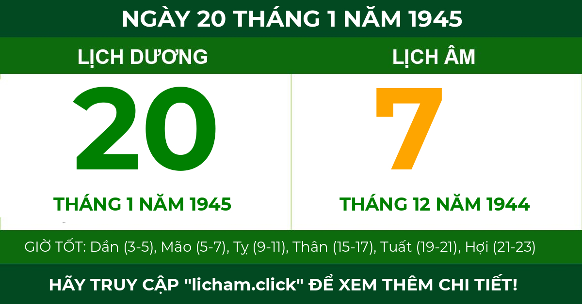lịch âm ngày 20 tháng 1 năm 1945