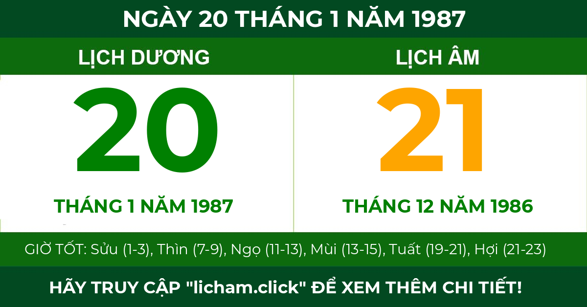lịch âm ngày 20 tháng 1 năm 1987