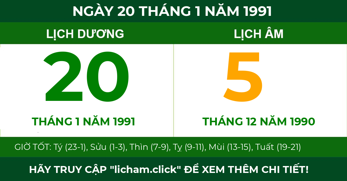 lịch âm ngày 20 tháng 1 năm 1991