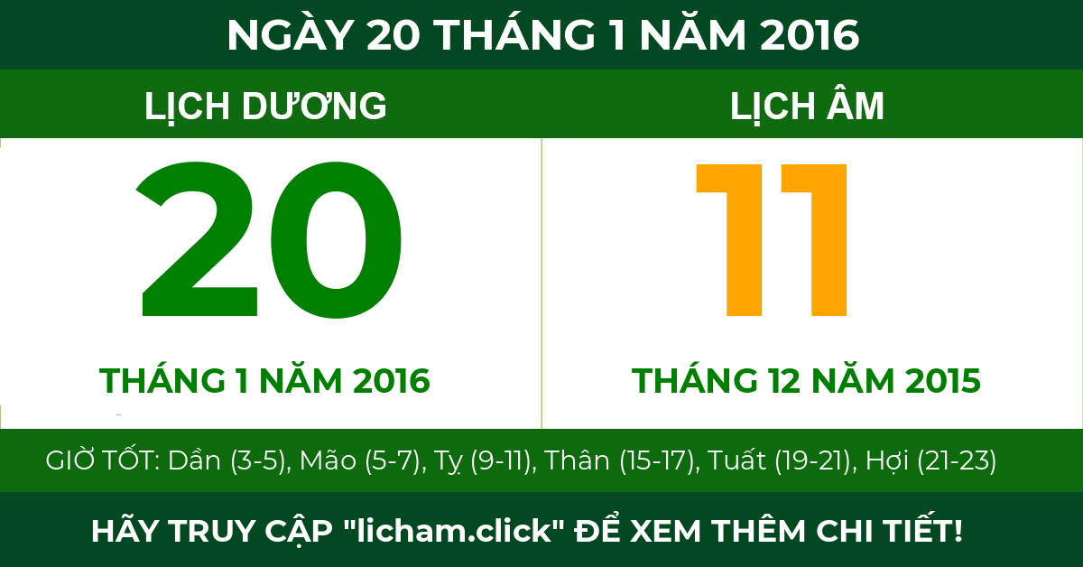 lịch âm ngày 20 tháng 1 năm 2016