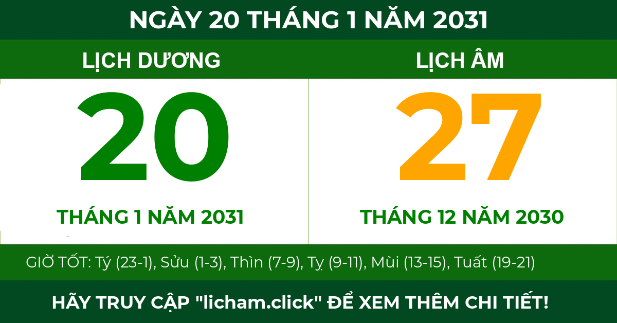 lịch âm ngày 20 tháng 1 năm 2031