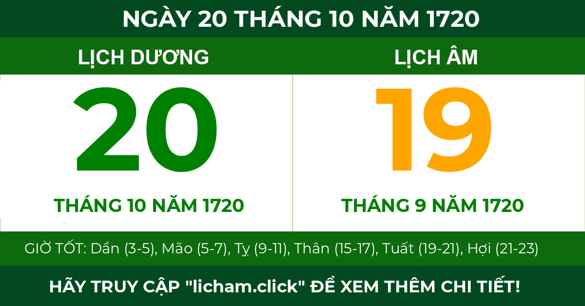 lịch âm ngày 20 tháng 10 năm 1720