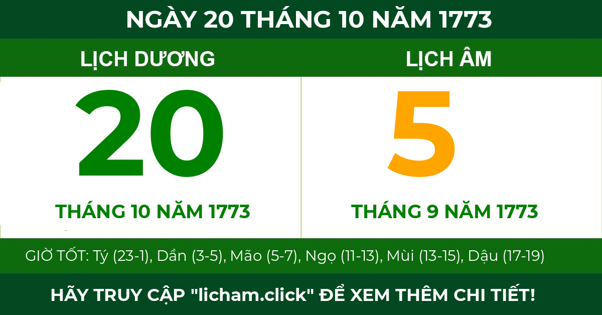 lịch âm ngày 20 tháng 10 năm 1773