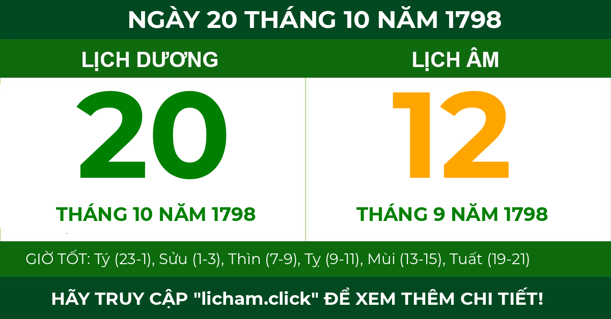 lịch âm ngày 20 tháng 10 năm 1798