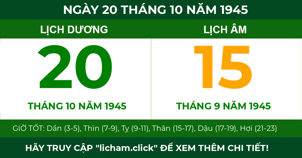 lịch âm ngày 20 tháng 10 năm 1945