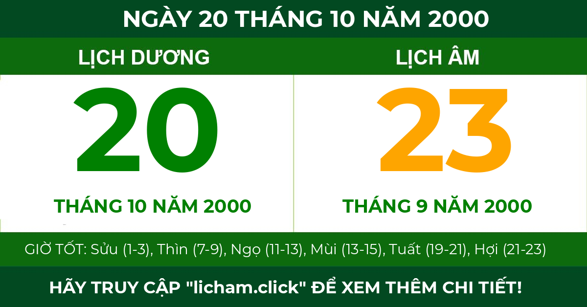 lịch âm ngày 20 tháng 10 năm 2000