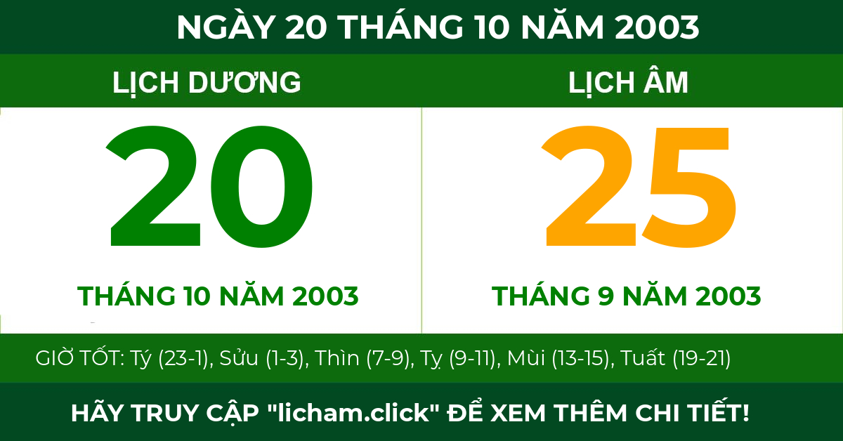 lịch âm ngày 20 tháng 10 năm 2003