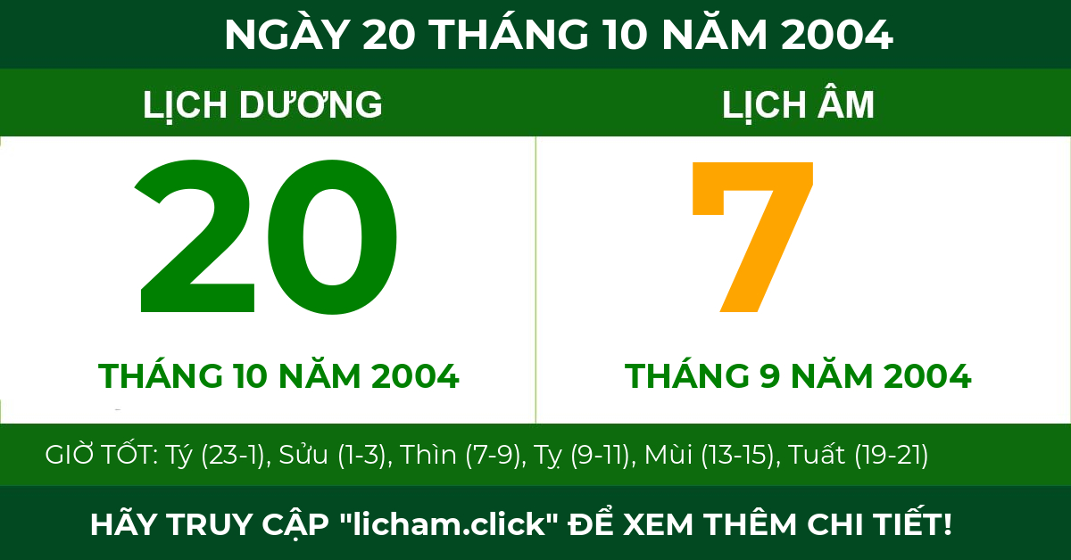 lịch âm ngày 20 tháng 10 năm 2004