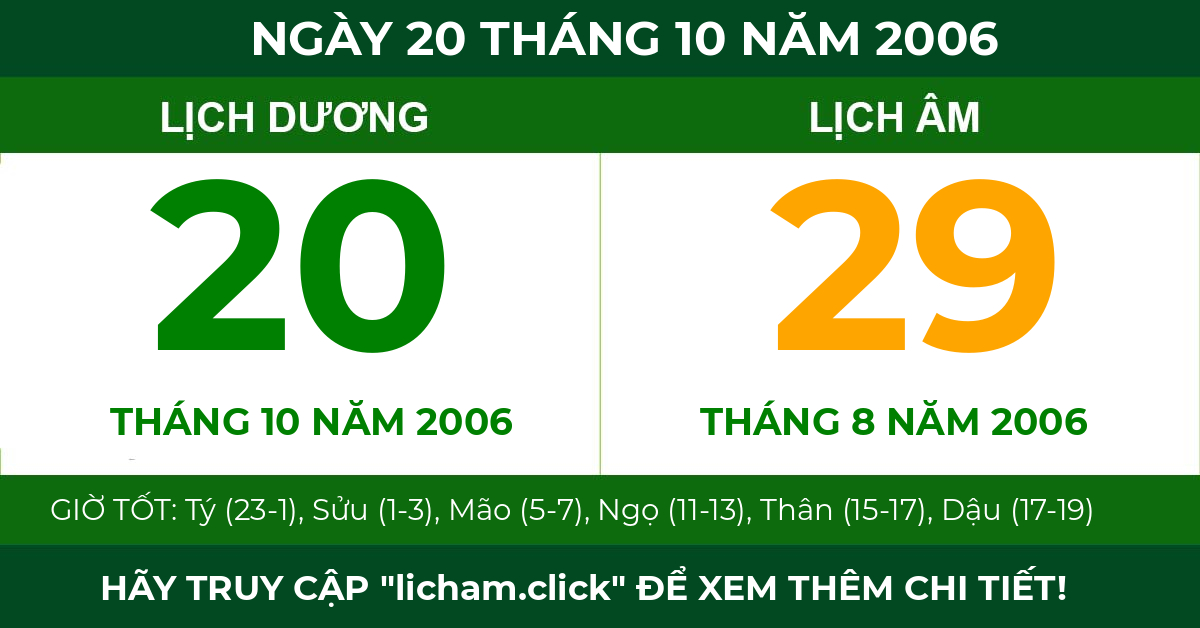 lịch âm ngày 20 tháng 10 năm 2006