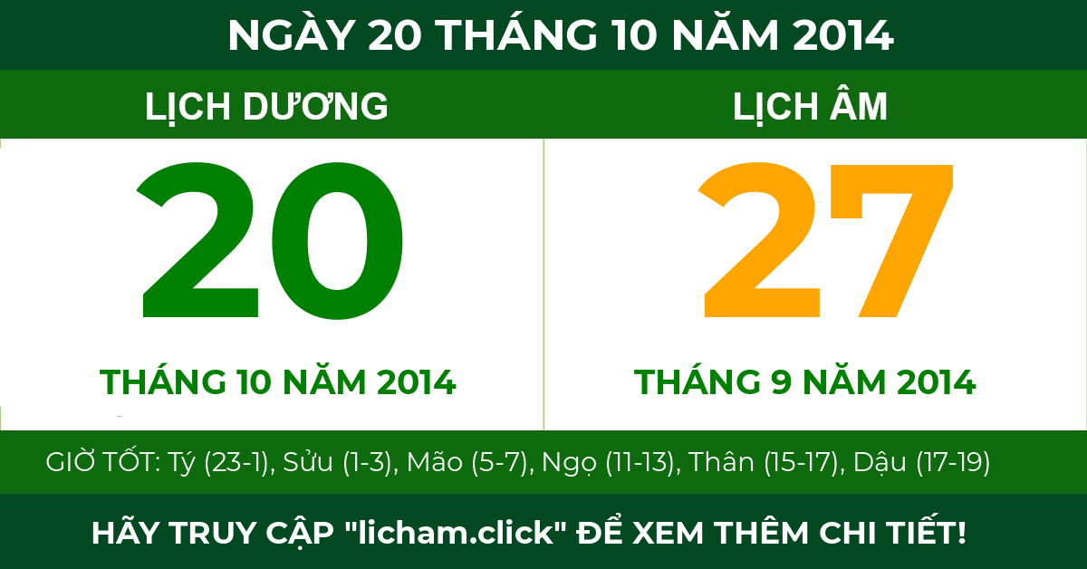 lịch âm ngày 20 tháng 10 năm 2014