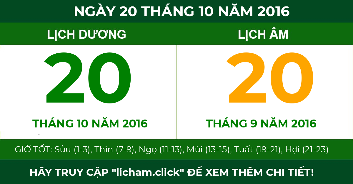 lịch âm ngày 20 tháng 10 năm 2016