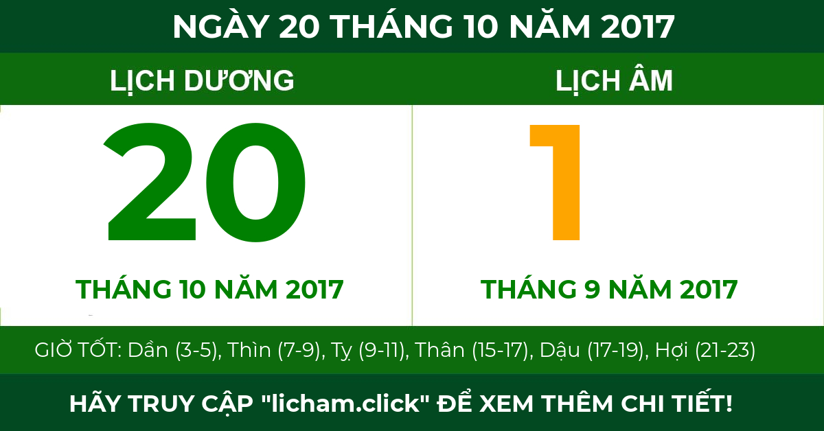 lịch âm ngày 20 tháng 10 năm 2017