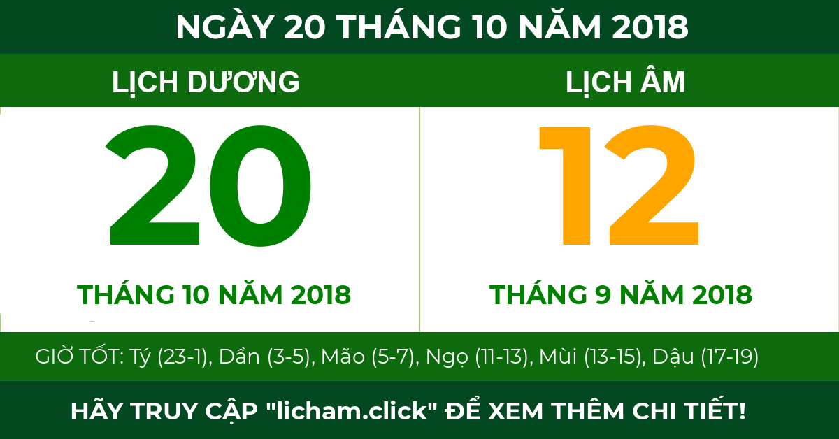 lịch âm ngày 20 tháng 10 năm 2018