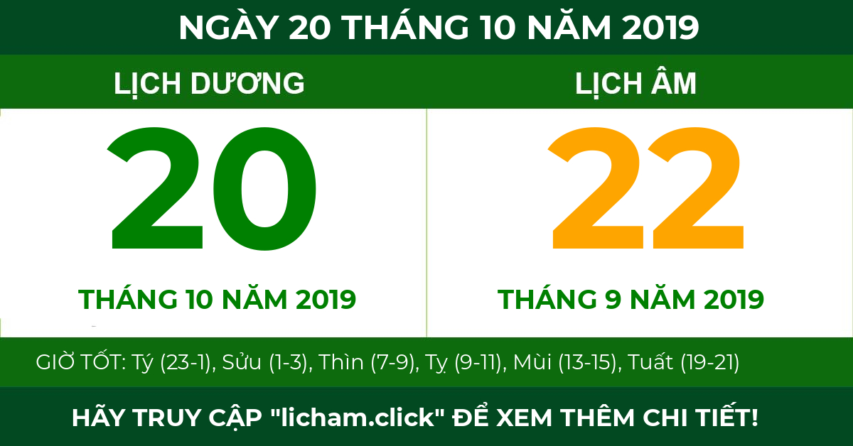 lịch âm ngày 20 tháng 10 năm 2019