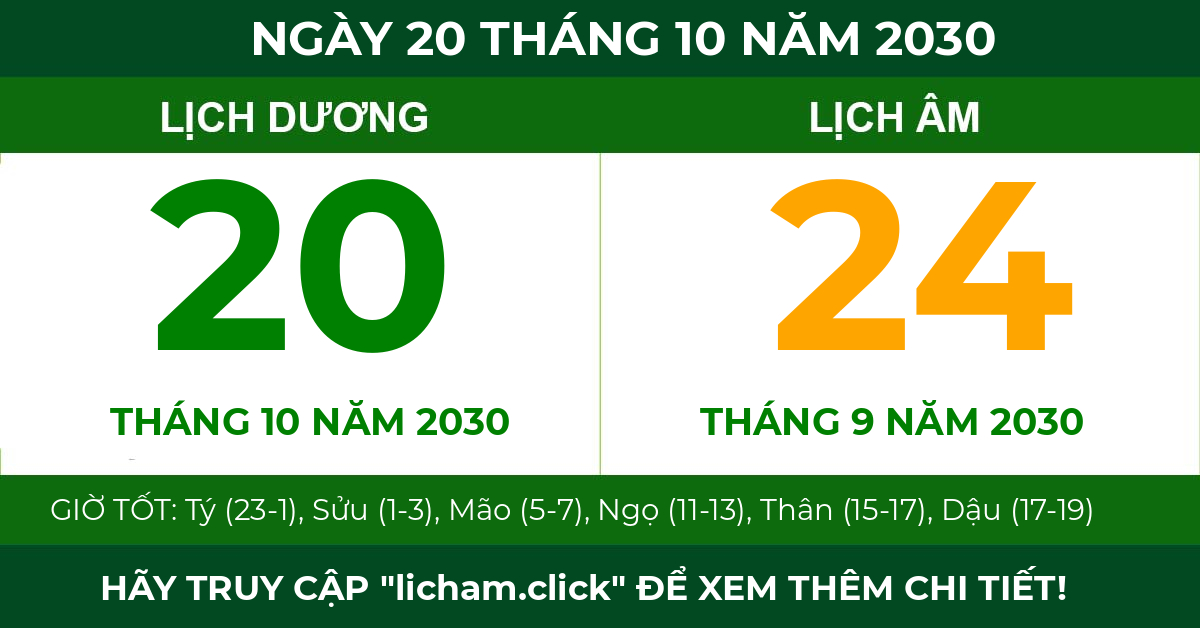 lịch âm ngày 20 tháng 10 năm 2030