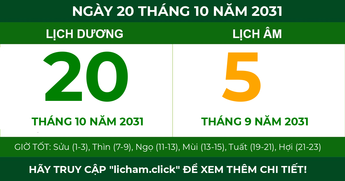 lịch âm ngày 20 tháng 10 năm 2031
