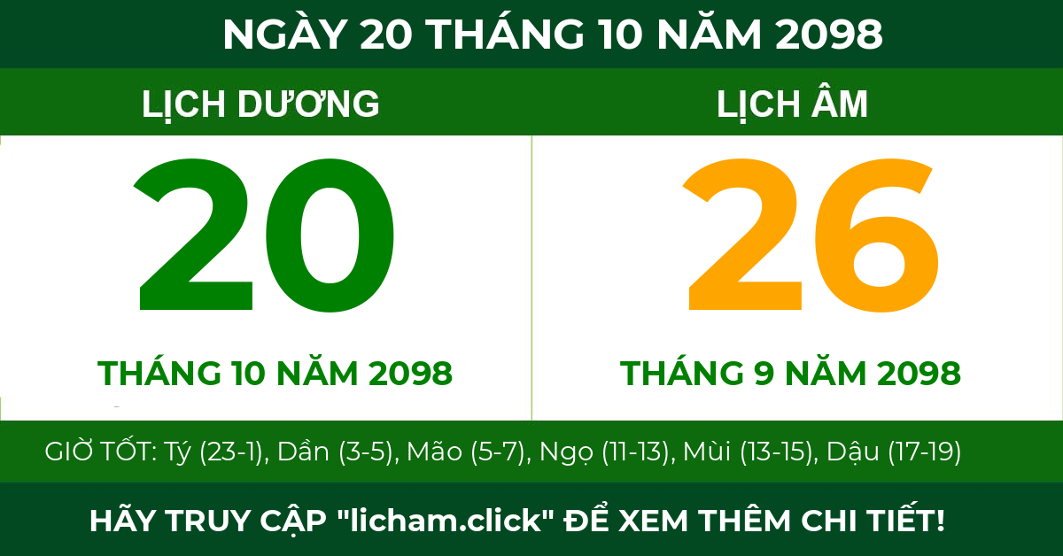 lịch âm ngày 20 tháng 10 năm 2098