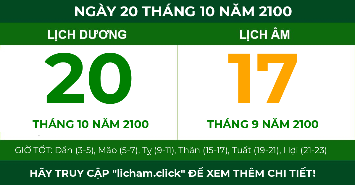 lịch âm ngày 20 tháng 10 năm 2100