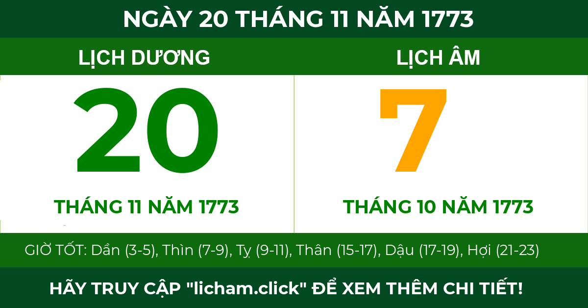 lịch âm ngày 20 tháng 11 năm 1773